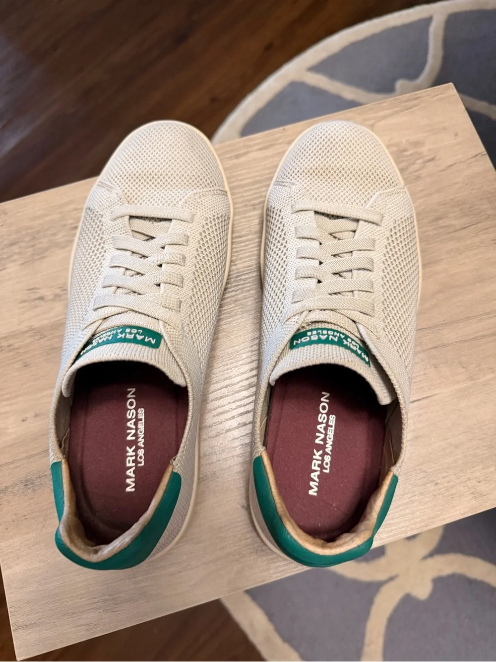 Mark Nason Men’s Cream Knit Sneakers with Green Heel Accent